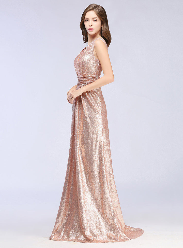 A-Line V-Neck Sleeveless Sequins Floor-Length Dress-koscy