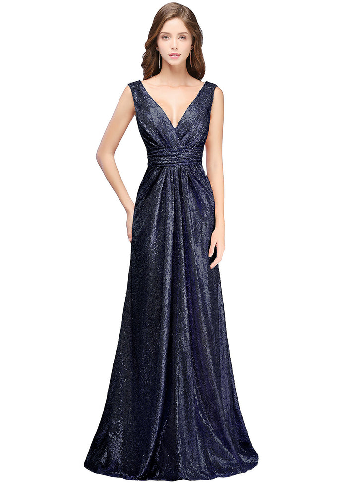 A-Line V-Neck Sleeveless Sequins Floor-Length Dress-koscy