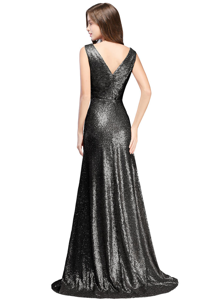 A-Line V-Neck Sleeveless Sequins Floor-Length Dress-koscy