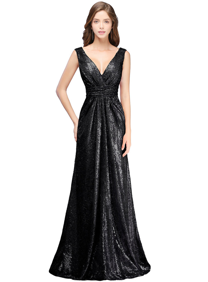 A-Line V-Neck Sleeveless Sequins Floor-Length Dress-koscy