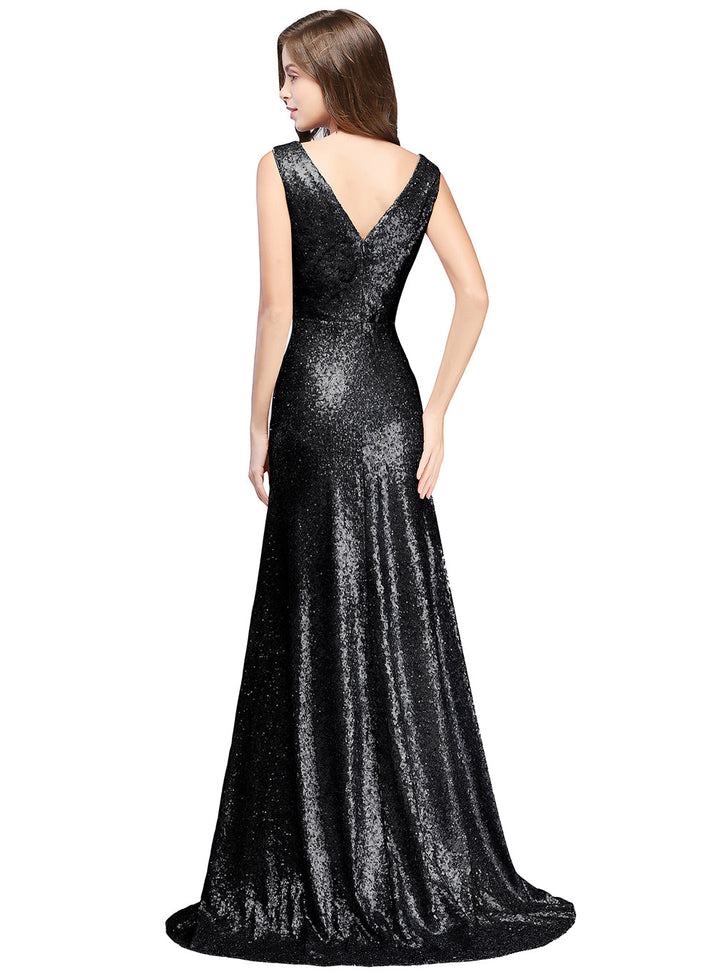 A-Line V-Neck Sleeveless Sequins Floor-Length Dress-koscy