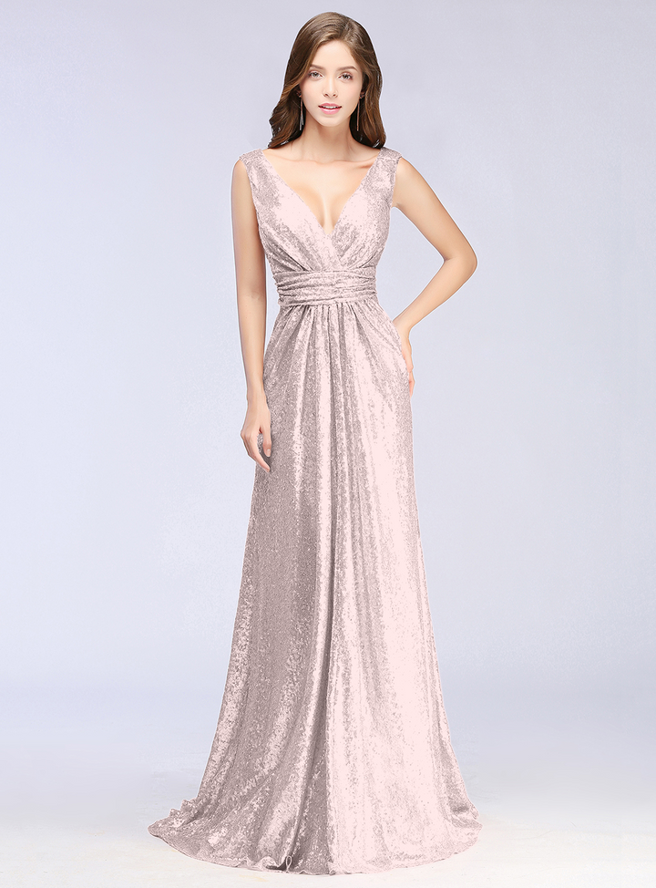 A-Line V-Neck Sleeveless Sequins Floor-Length Dress-koscy