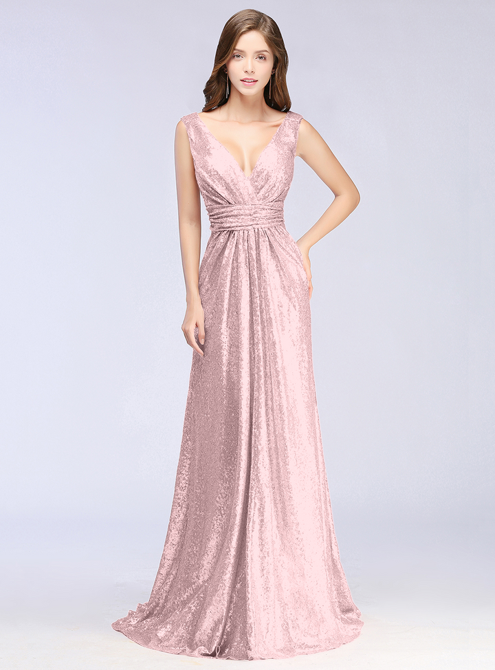 A-Line V-Neck Sleeveless Sequins Floor-Length Dress-koscy