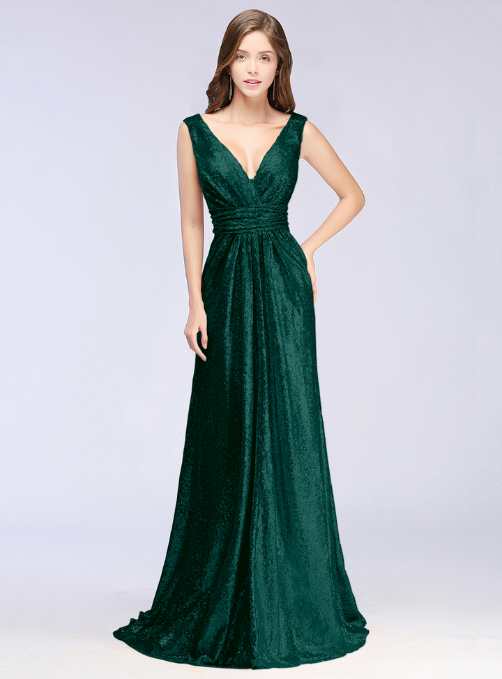 A-Line V-Neck Sleeveless Sequins Floor-Length Dress-koscy