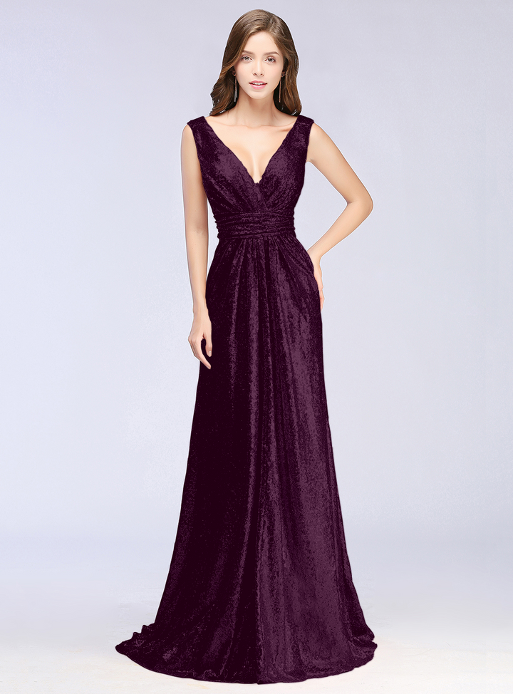 A-Line V-Neck Sleeveless Sequins Floor-Length Dress-koscy