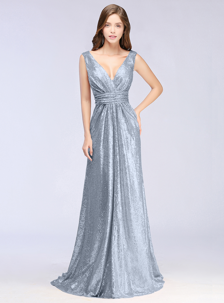 A-Line V-Neck Sleeveless Sequins Floor-Length Dress-koscy