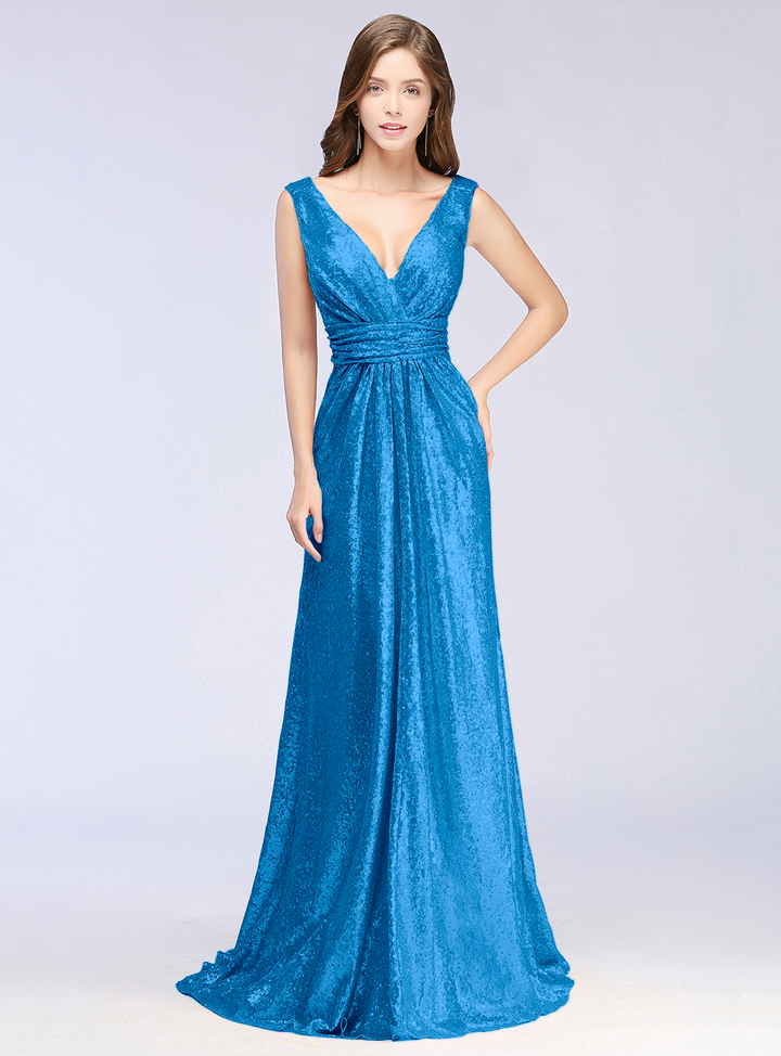 A-Line V-Neck Sleeveless Sequins Floor-Length Dress-koscy