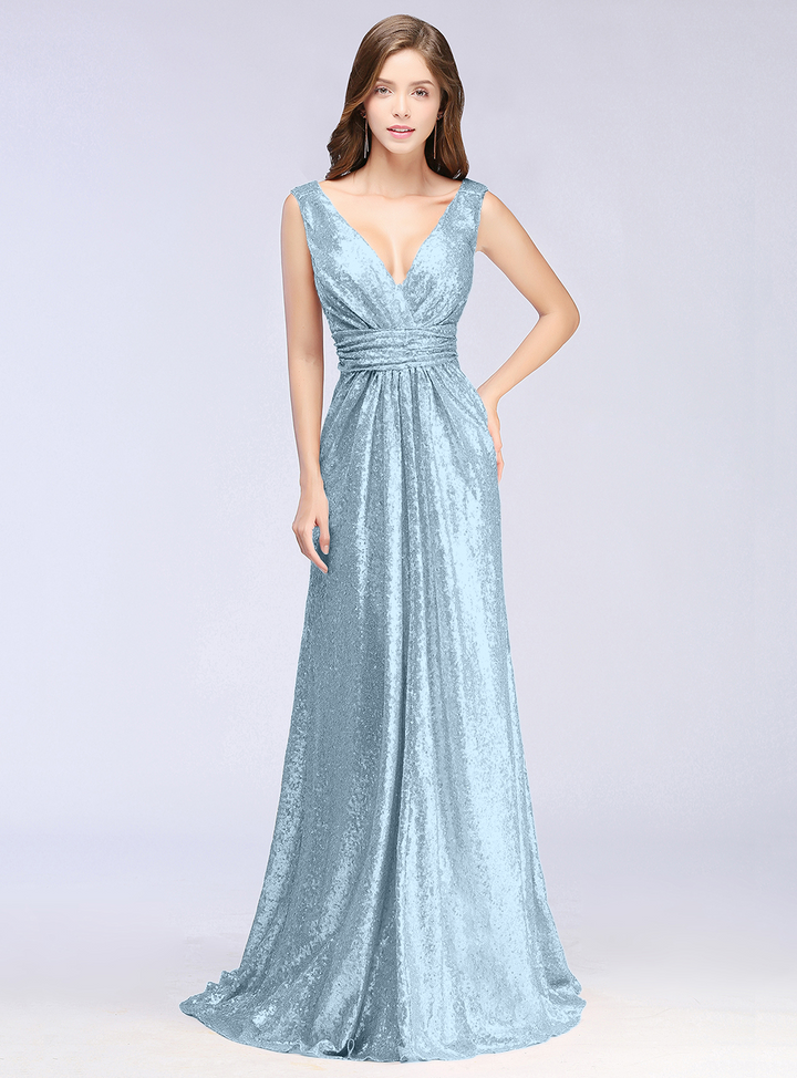 A-Line V-Neck Sleeveless Sequins Floor-Length Dress-koscy