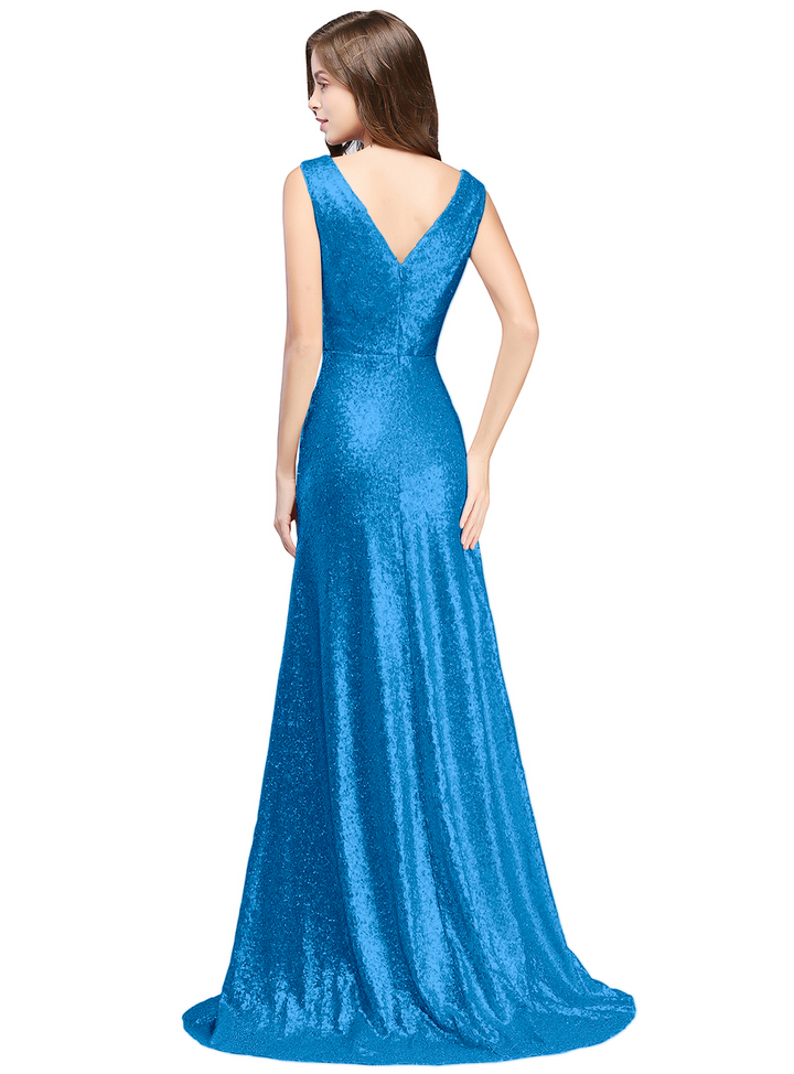 A-Line V-Neck Sleeveless Sequins Floor-Length Dress-koscy