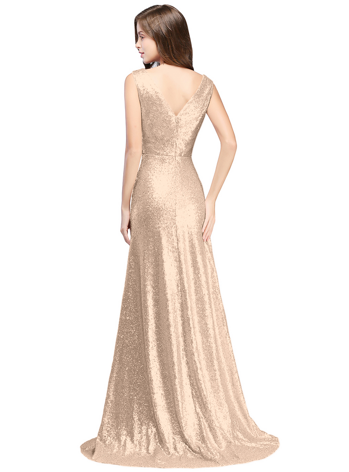 A-Line V-Neck Sleeveless Sequins Floor-Length Dress-koscy