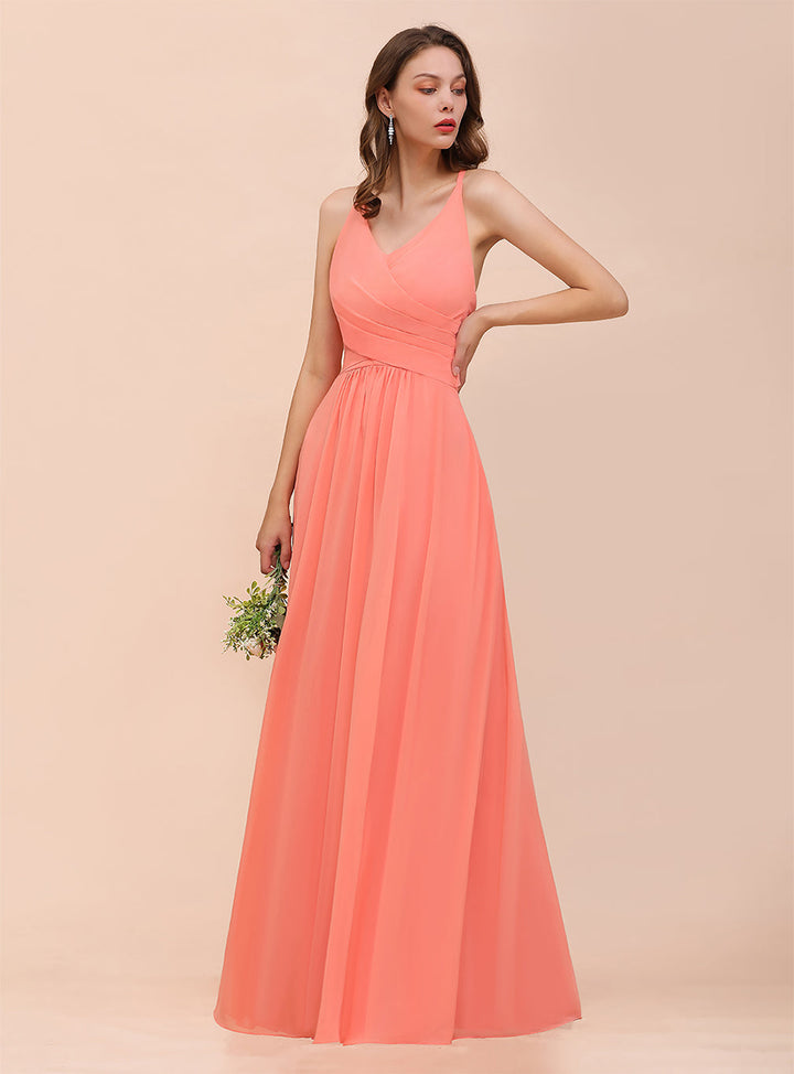 A-Line V-Neck Spaghetti Straps Sleeveless Chiffon Dress-koscy