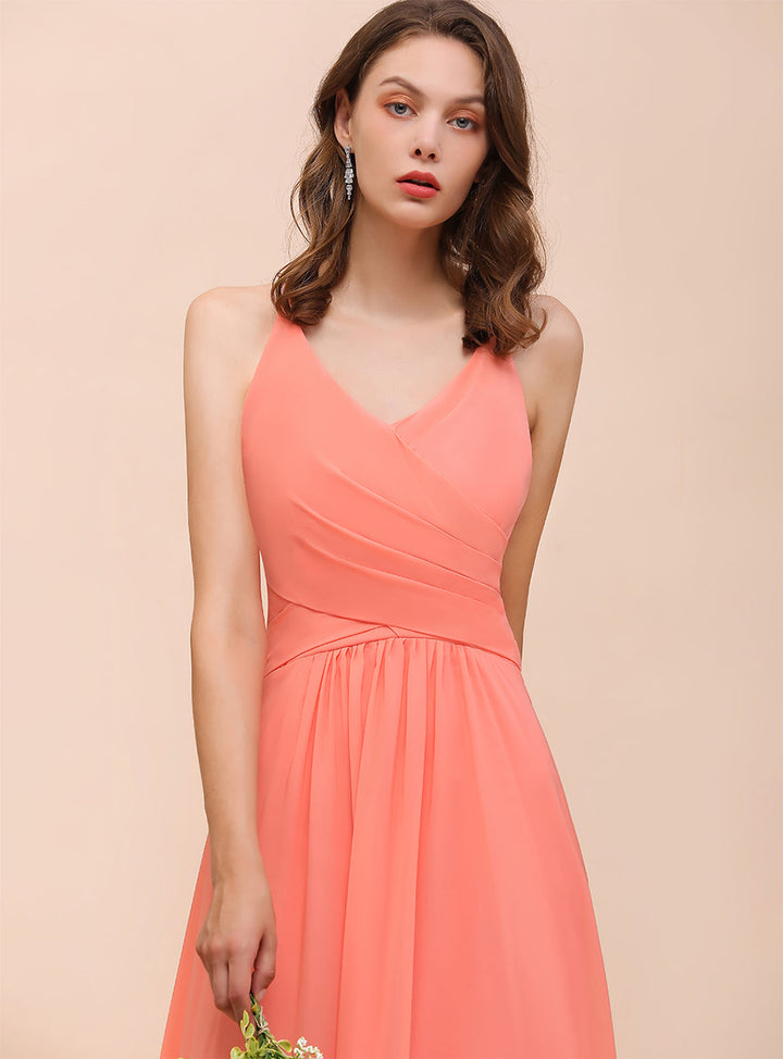 A-Line V-Neck Spaghetti Straps Sleeveless Chiffon Dress-koscy