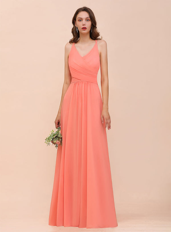 A-Line V-Neck Spaghetti Straps Sleeveless Chiffon Dress-koscy