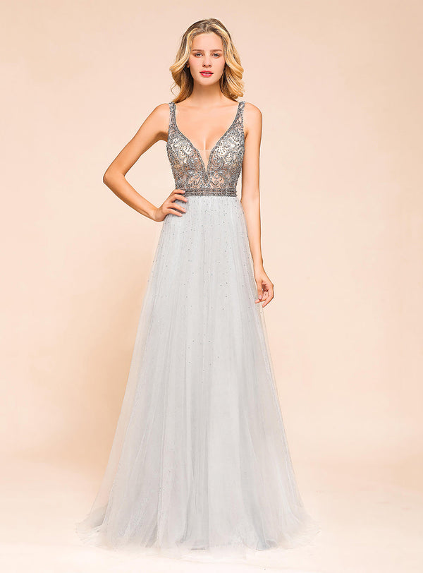 A-Line V-Neck Spaghetti Straps Tulle Floor-Length Dress-koscy