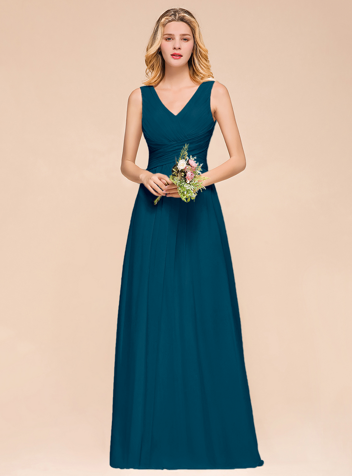 A-Line V-Neck Straps Floor-Length Dress-koscy