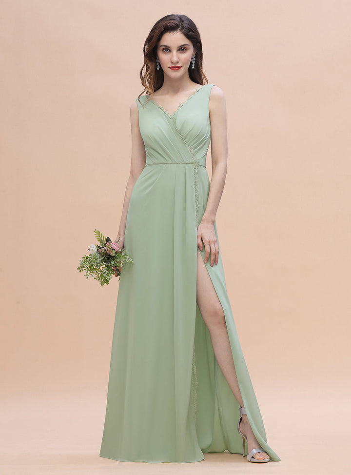 A-Line V-Neck Straps Sleeveless Chiffon Dress-koscy