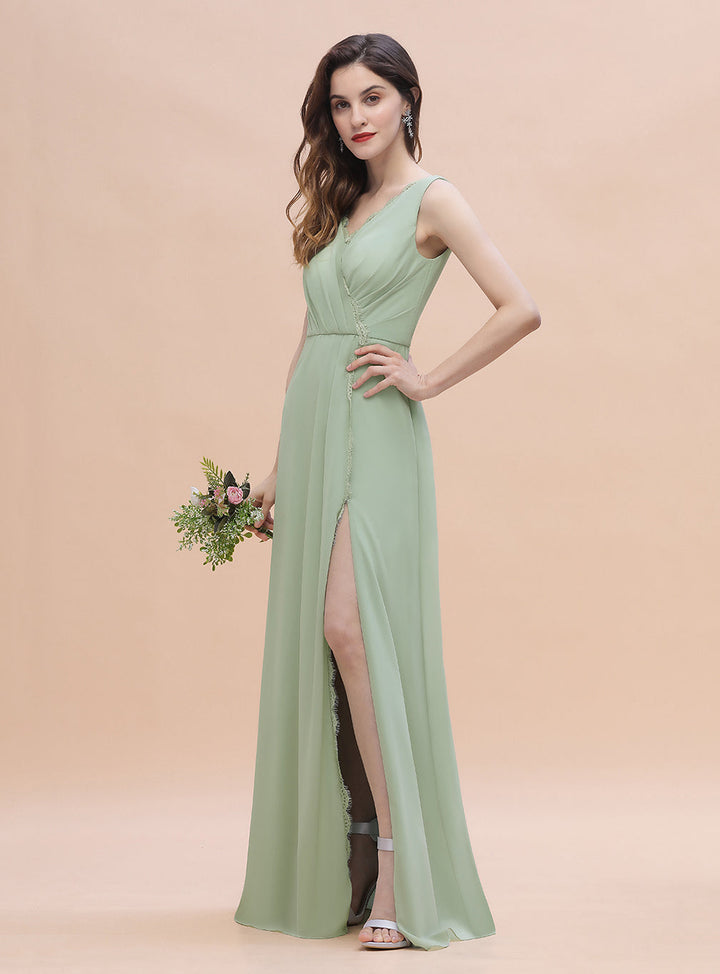 A-Line V-Neck Straps Sleeveless Chiffon Dress-koscy