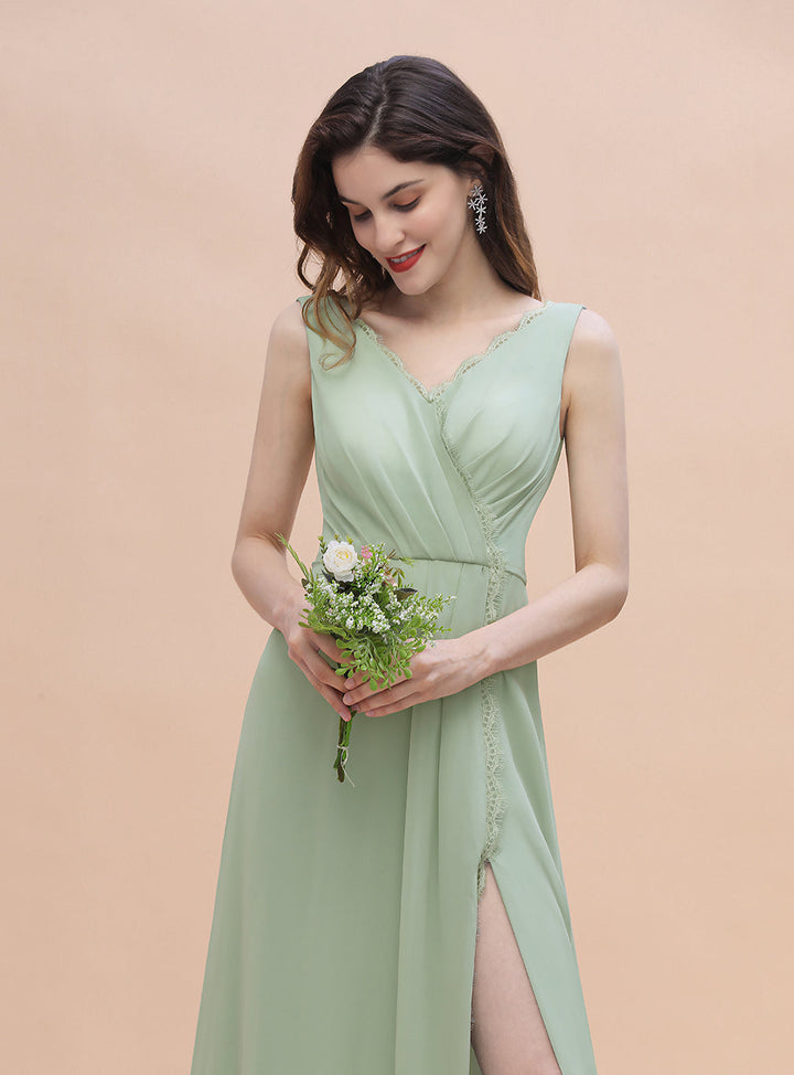 A-Line V-Neck Straps Sleeveless Chiffon Dress-koscy