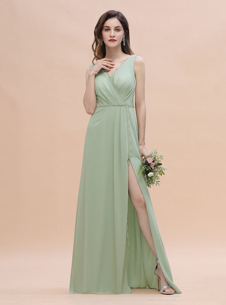 A-Line V-Neck Straps Sleeveless Chiffon Dress-koscy