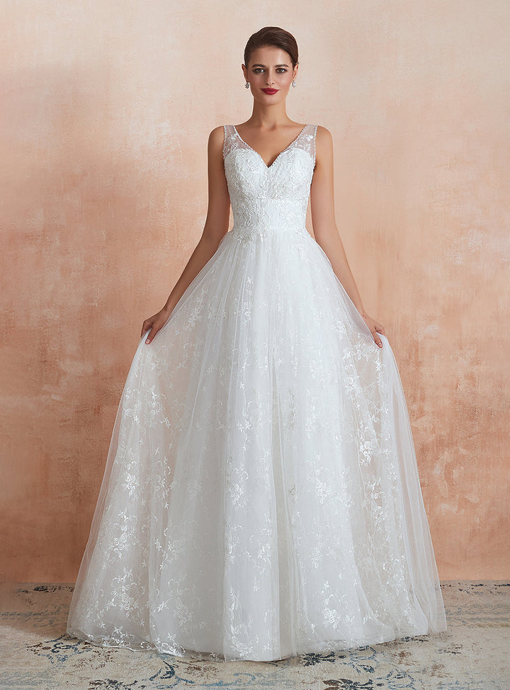 A-line V-Neck Tulle Lace Chapel Train Dress-koscy