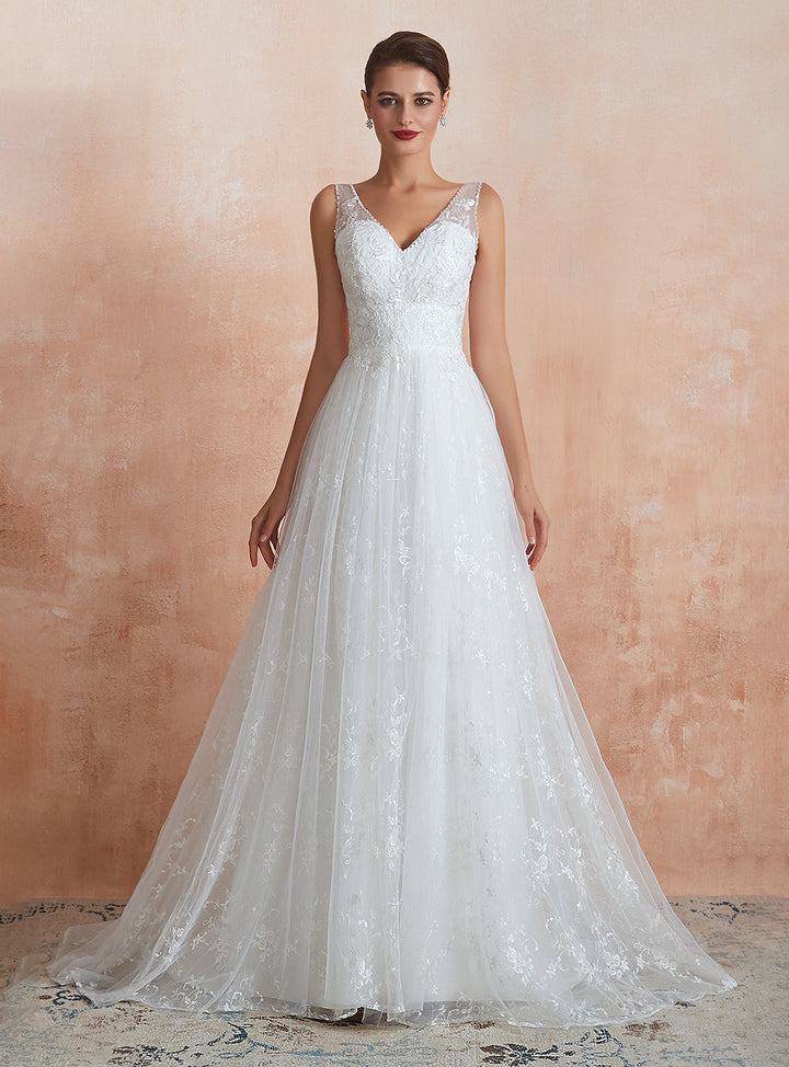 A-line V-Neck Tulle Lace Chapel Train Dress-koscy