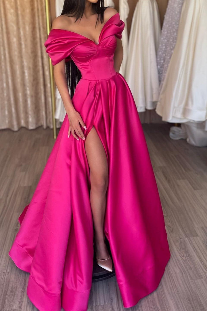 Fuchsia Portrait A-Line Prom Dress with Split