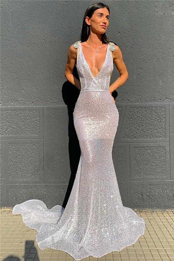 V-Neck Sequins Mermaid Prom Dress with Deep Open Back