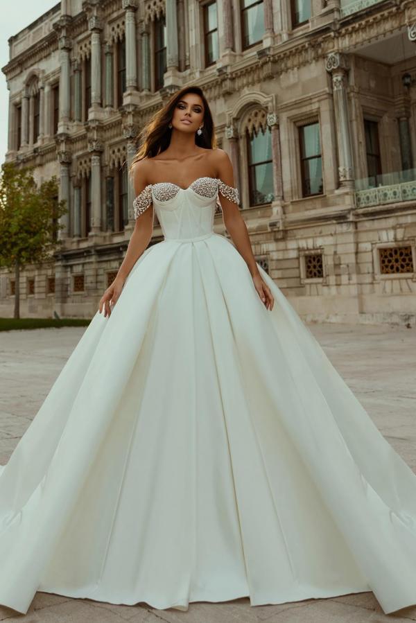 Bmbride Vintage Strapless Off the Shoulder Floor Length Wedding Dress with Pearls