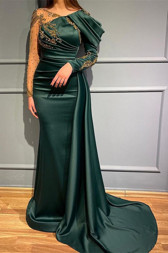 Mermaid Evening Dress: Dark Green Long Sleeves Beads Appliques