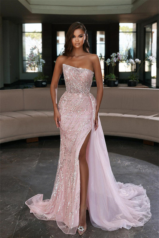 Pink Strapless Mermaid Evening Dress with Ruffles and Beadings