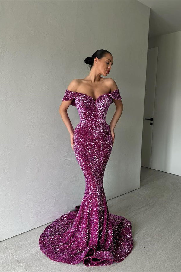 Off-The-Shoulder Long Purple Evening Dress Mermaid With Sequins