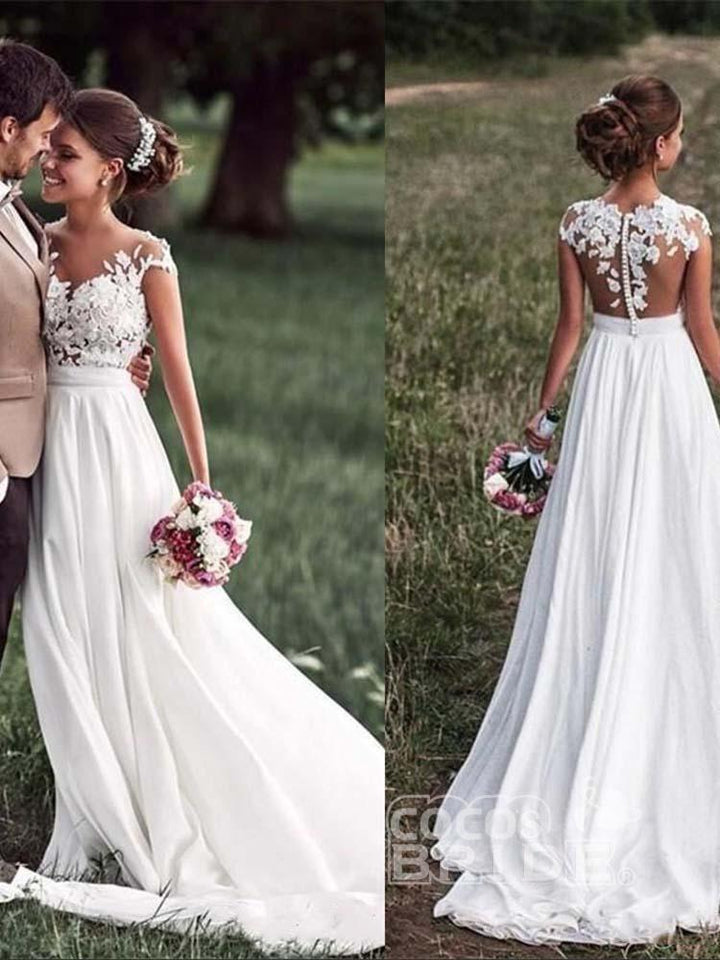 Bmbride Cap Sleeves Lace Ruffles A-Line Wedding Dresses