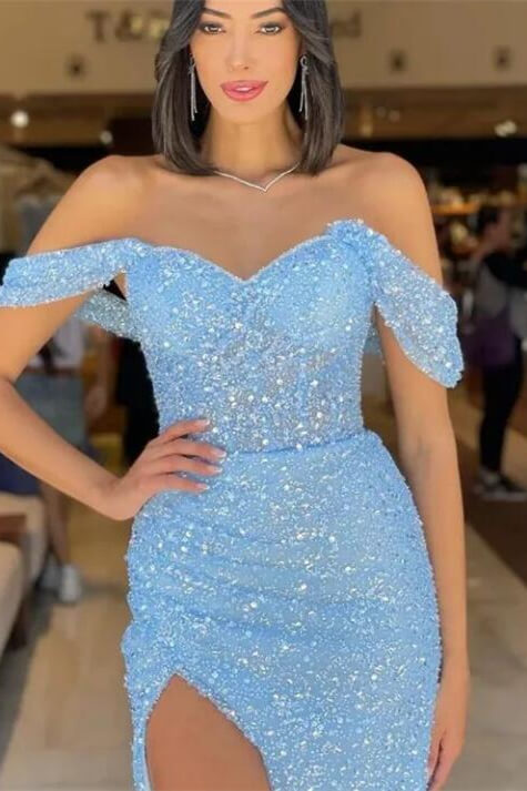 Sky Blue Sequins Mermaid Evening Dress with Sweetheart Straps and Detachable Ruffles