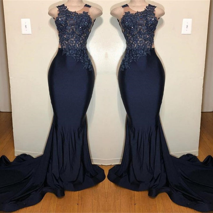 Sleeveless Dark Blue Appliques Mermaid Prom Dress