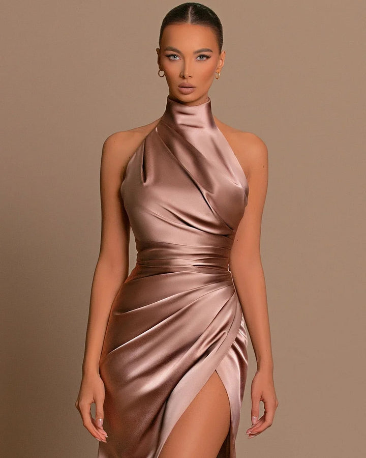 Sleeveless Mauve Prom Dress Halter Mermaid With High Slit