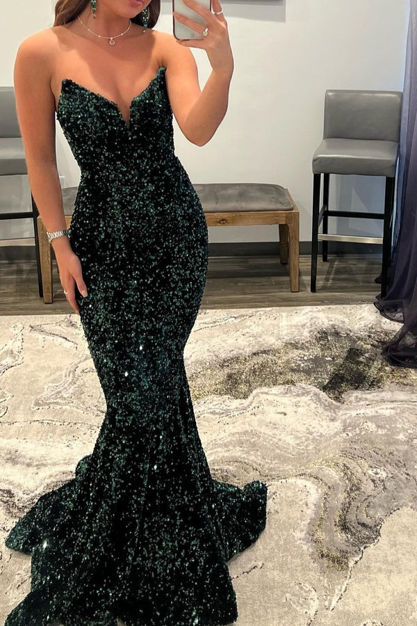 V-Neck Long Mermaid Prom Dress with Sequins in Dark Green