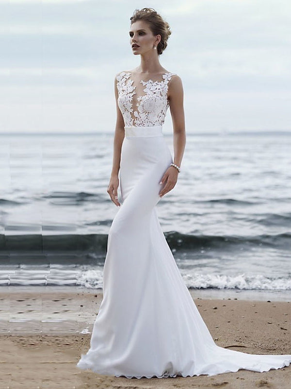 Bmbride Mermaid Trumpet Wedding Dresses Jewel Neck Chapel Train Chiffon Lace Regular Straps Modern See-Through