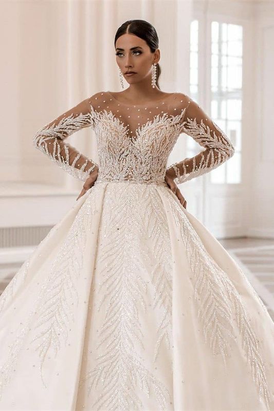 Bmbride Stunning Long Sleeve Bateau Crystal Pearl A-Line Satin Bridal Gown