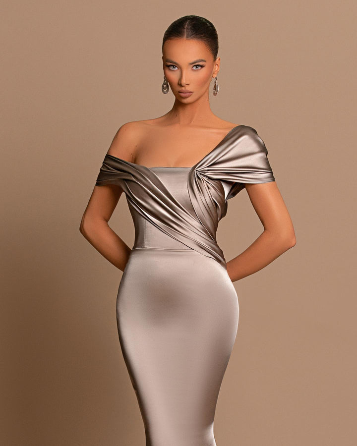 Off The Shoulder Bateau Pleated Ball Gown in Grey
