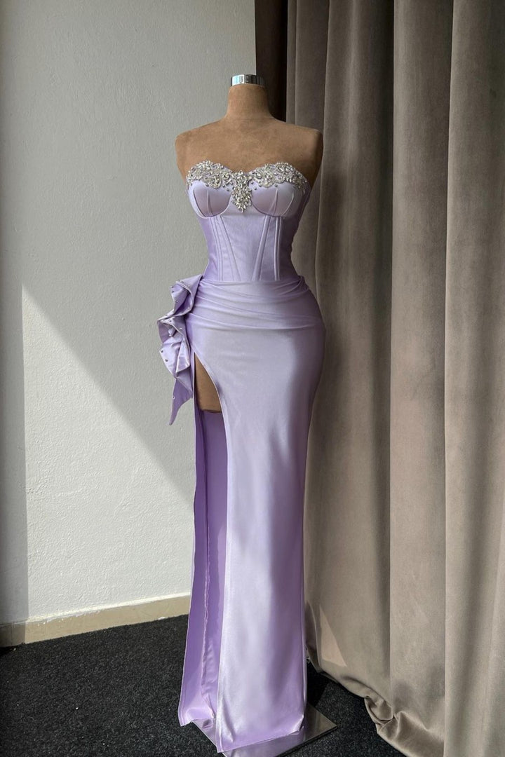 Light Purple Prom Dress With Rhinestone High Slit Gown Sleeveless