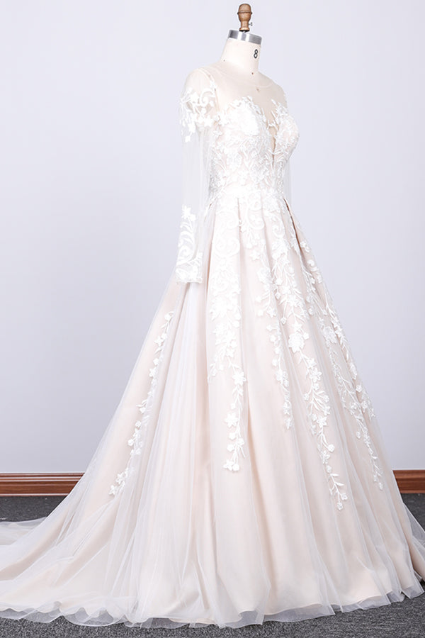 Bmbride Long Sleeve Appliques Tulle A-line Bridal Gown