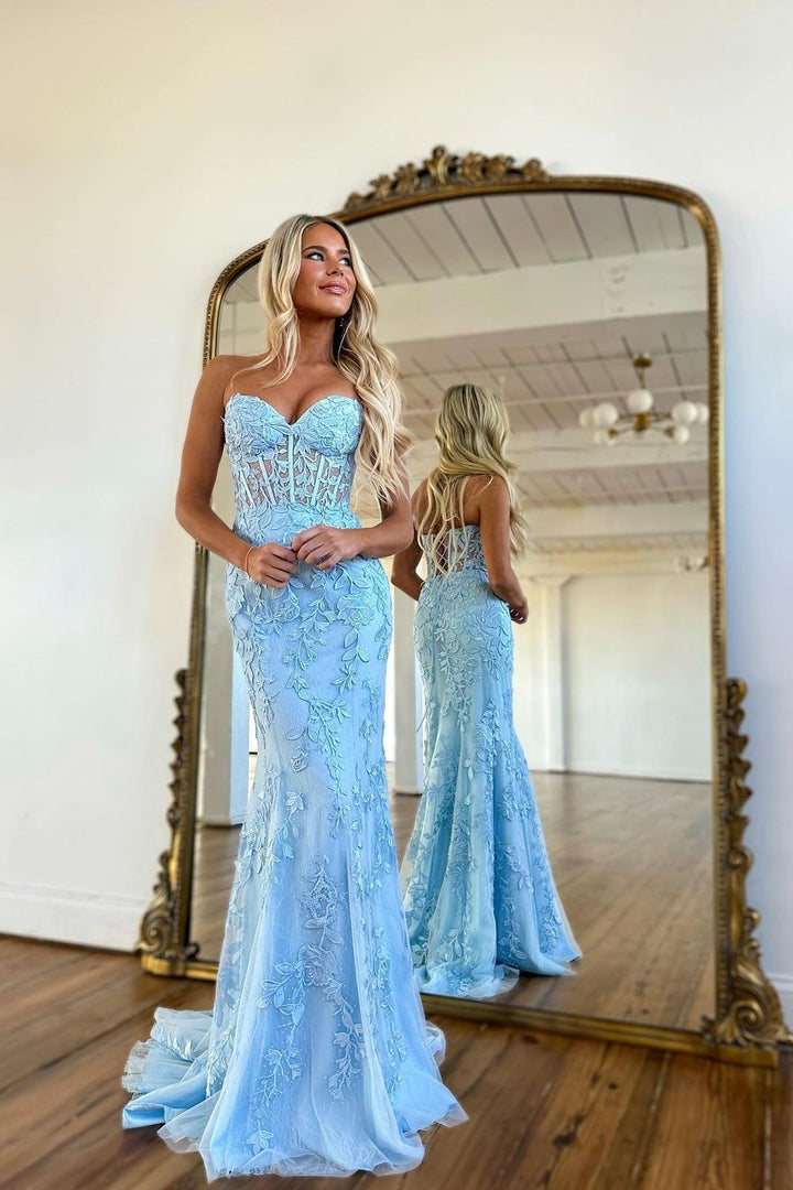 Prom Dress Ball Gown With Mermaid Appliques in Baby Blue