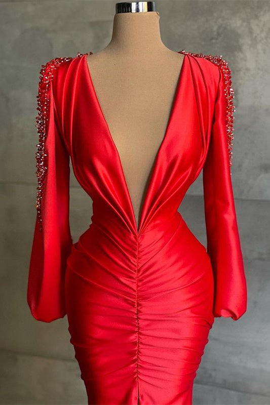 Red Mermaid Prom Dress with Deep V-Neck and Long Sleeves