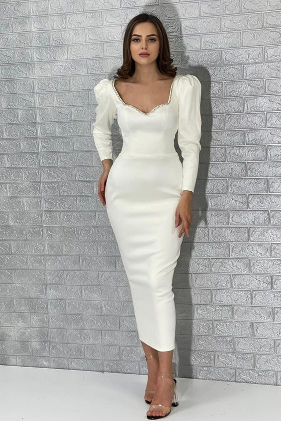 Elegant White Long Sleeves Prom Dress Sequins