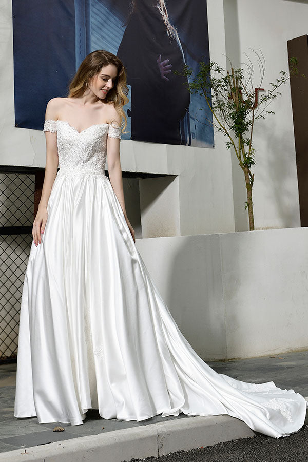 Bmbride Off-the-Shoulder Appliques Satin Bridal Gown