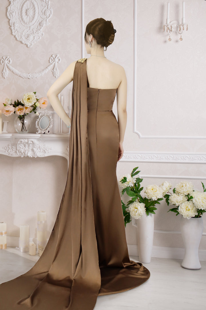 Brown One Shoulder Sleeveless Long Prom Dress With Slit