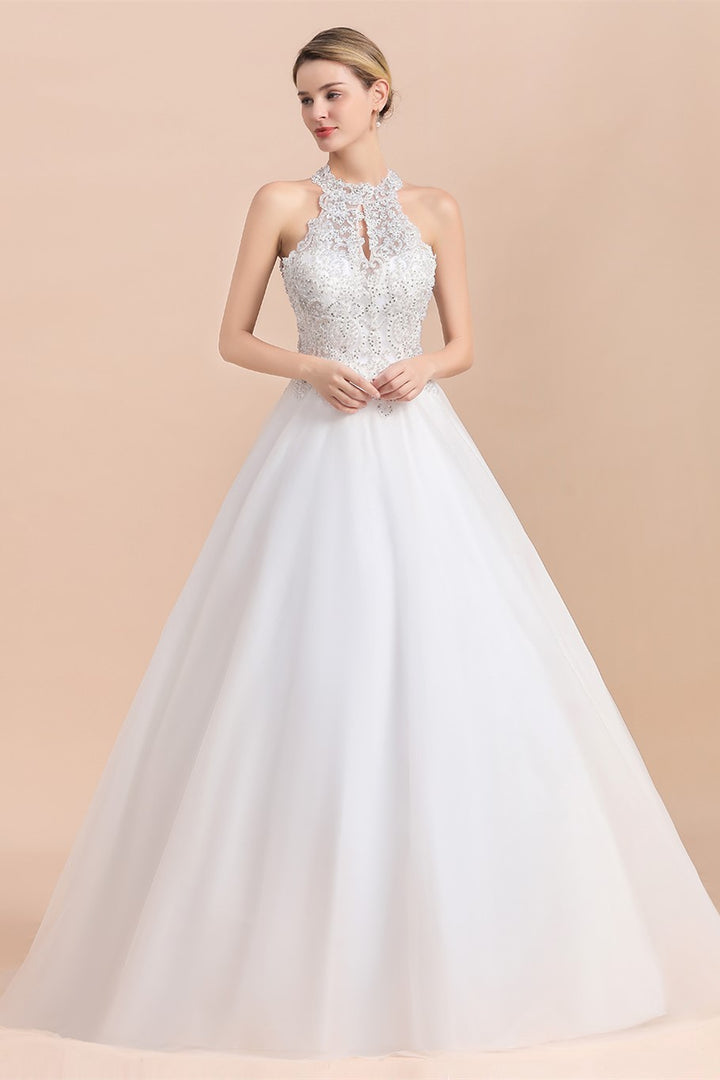 Bmbride Sleeveless Wedding Dress with Halter Lace Appliques and A-line Sequins