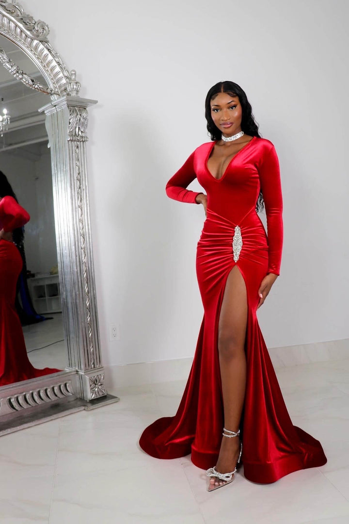 Red Long Sleeve Prom Dress with High Slit and Pleated Design