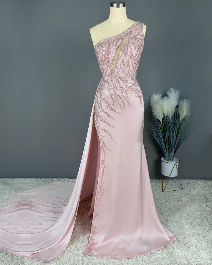 Blushing Pink Prom Dress Long Party Mermaid Sequins Sleeveless One Shoulder