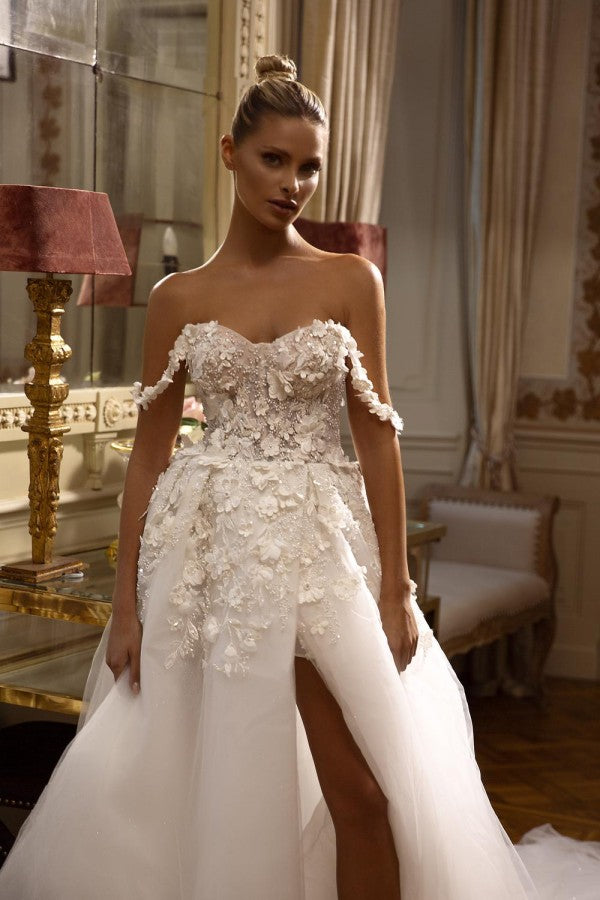 Bmbride Long A-line Off the Shoulder Tulle Lace Backless Wedding Dresses with Slit